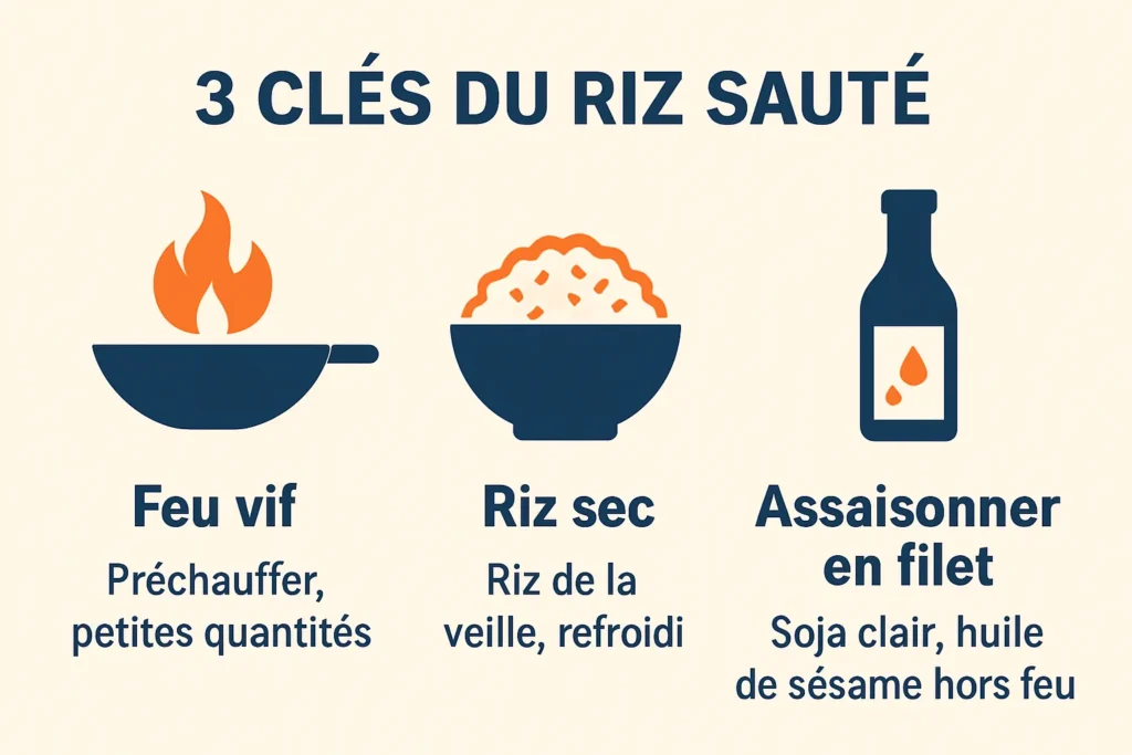 Infographie des clés du riz sauté : feu vif, riz sec, assaisonnement