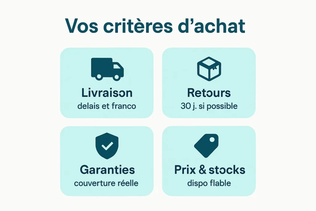 Infographie critères d’achat&nbsp;: livraison, retours, garanties, prix et stocks