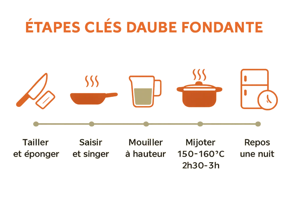 Infographie étapes : saisir, mouiller, mijoter, reposer
