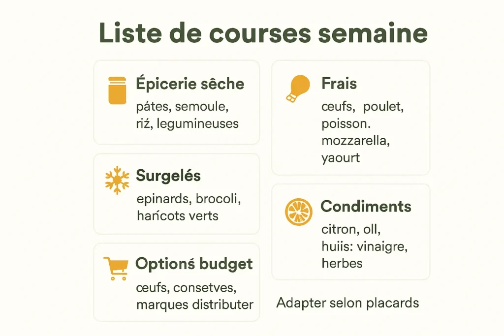 Infographie liste de courses par rayons hebdomadaire