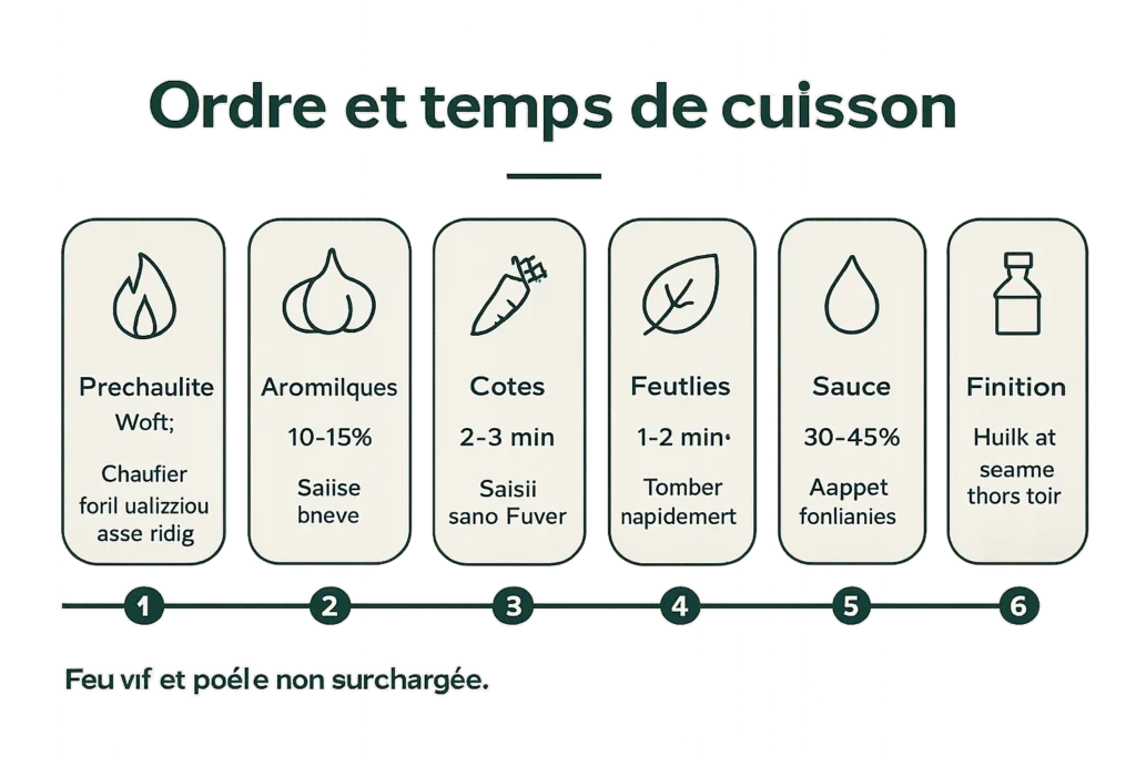Schéma des étapes et temps pour wok chou chinois