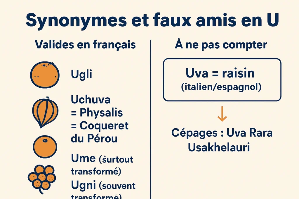 Schéma des synonymes&nbsp;: uchuva=physalis, uva exclu des fruits