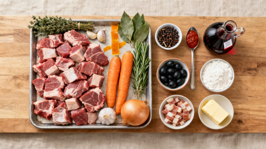 Ingrédients daube : sanglier, vin rouge, herbes, olives