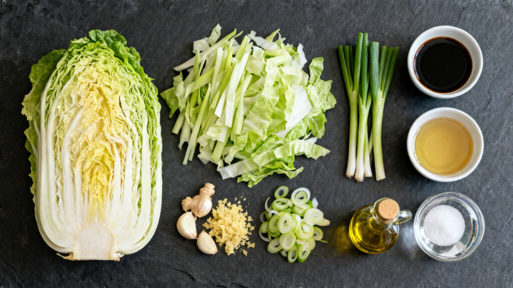 Ingrédients pour wok chou chinois, sauce soja et sésame