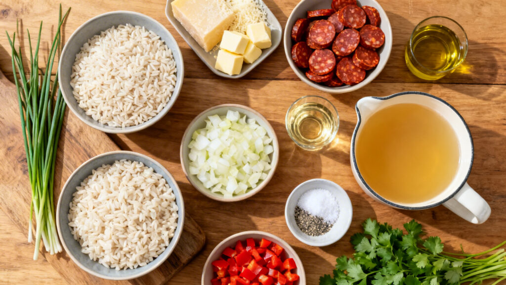 Riz arborio, chorizo doux, bouillon de volaille et parmesan disposés