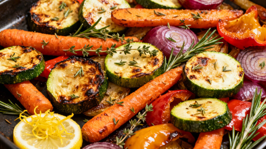 Mélange de légumes rôtis colorés aux herbes aromatiques