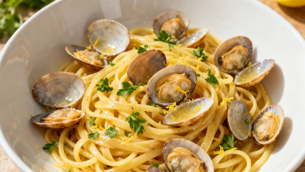 Linguine alle vongole avec palourdes et sauce émulsionnée brillante