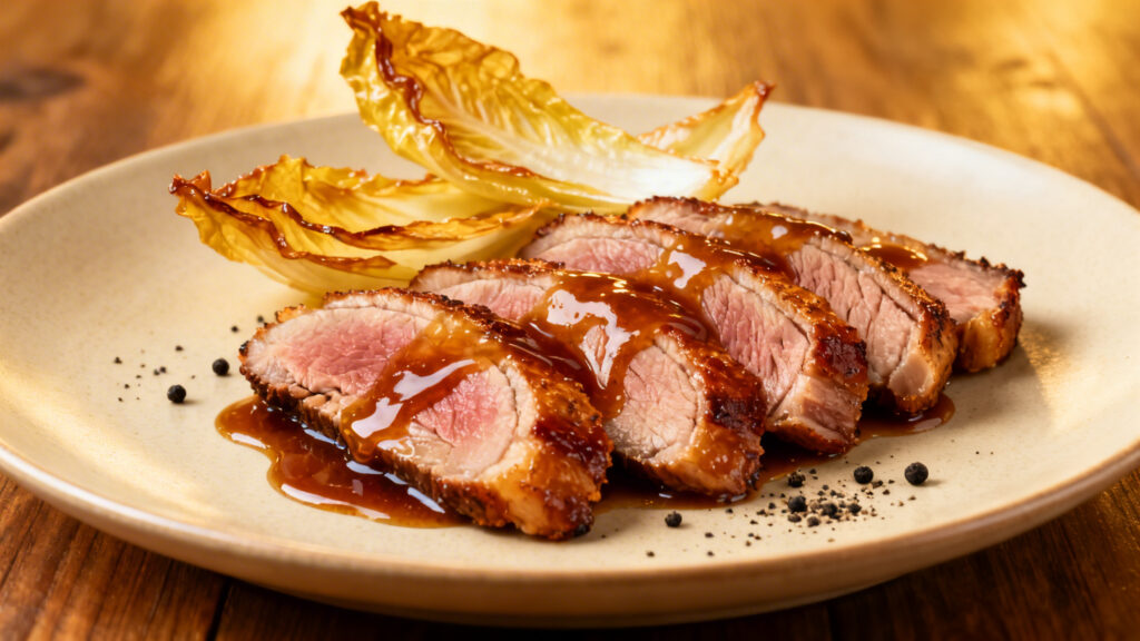 Magret de canard rosé, sauce balsamique et endives