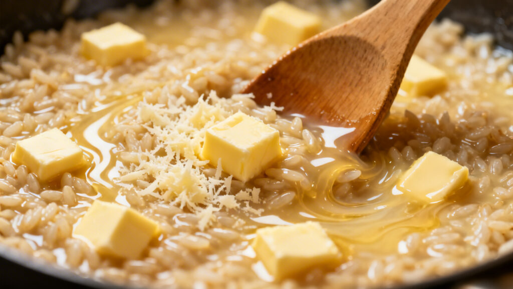 Mantecatura du risotto avec beurre froid et parmesan fin