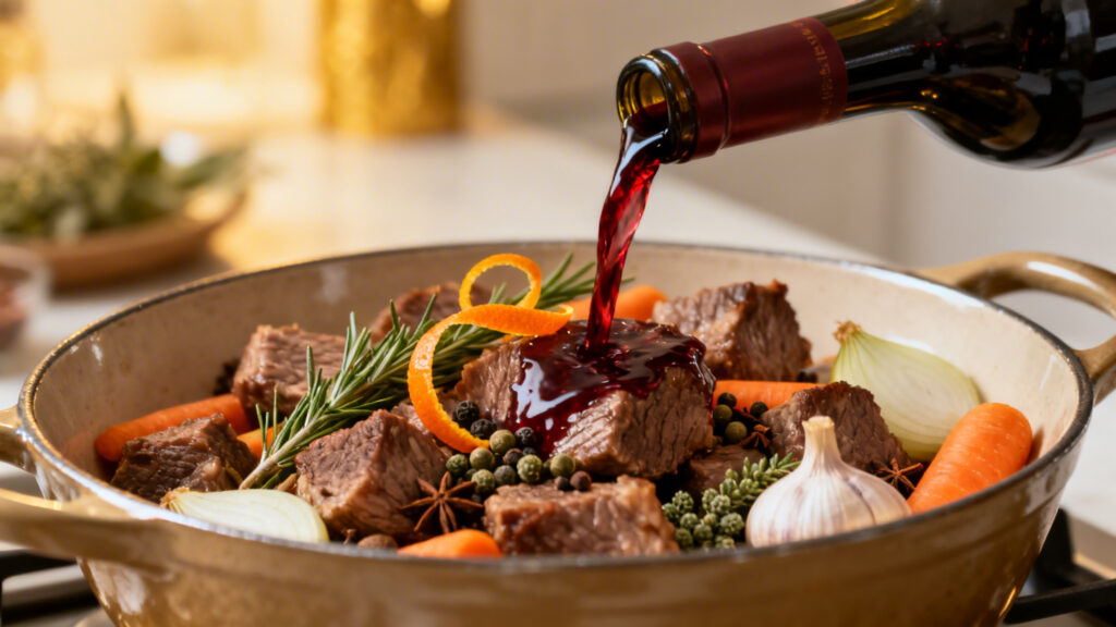 Marinade sanglier vin rouge dans plat non métallique