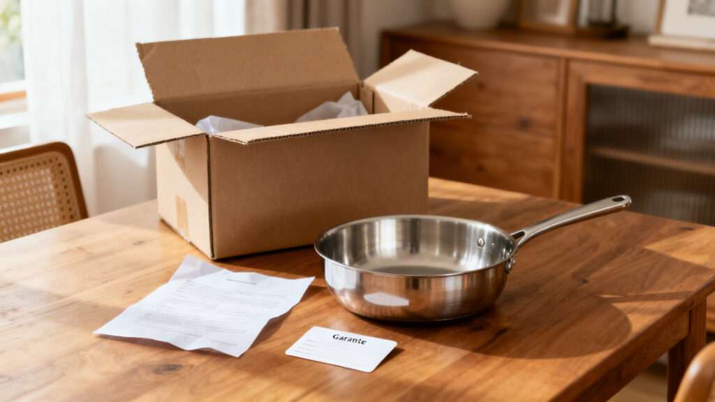 Colis ouvert avec poêle inox, livraison rapide et garanties