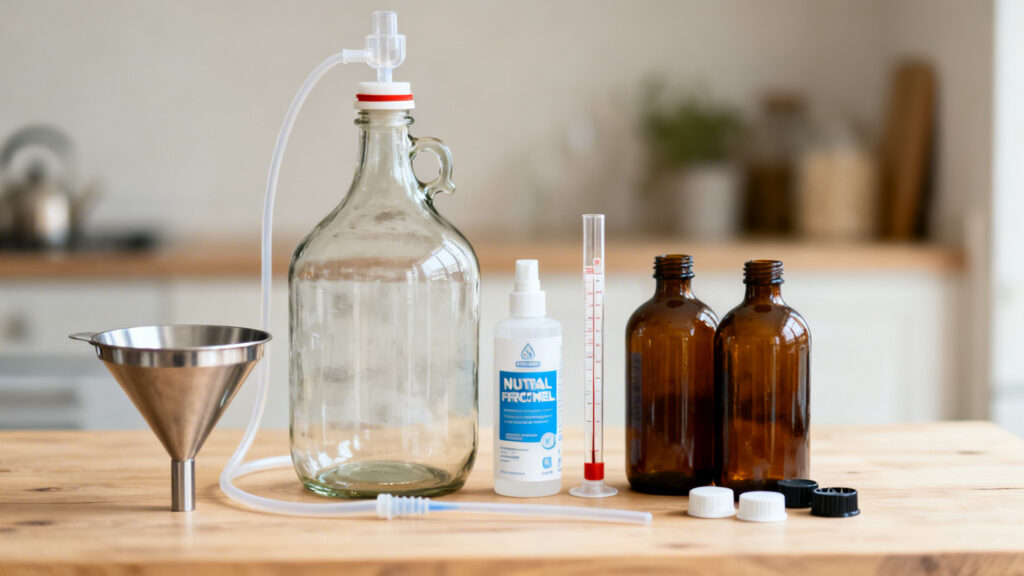 Matériel d’hydromel&nbsp;: dame-jeanne, barboteur, siphon, densimètre