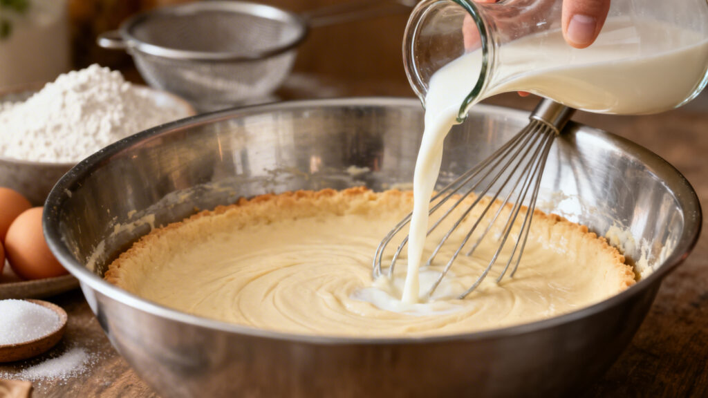 Lait entier incorporé au fouet, pâte lisse sans grumeaux