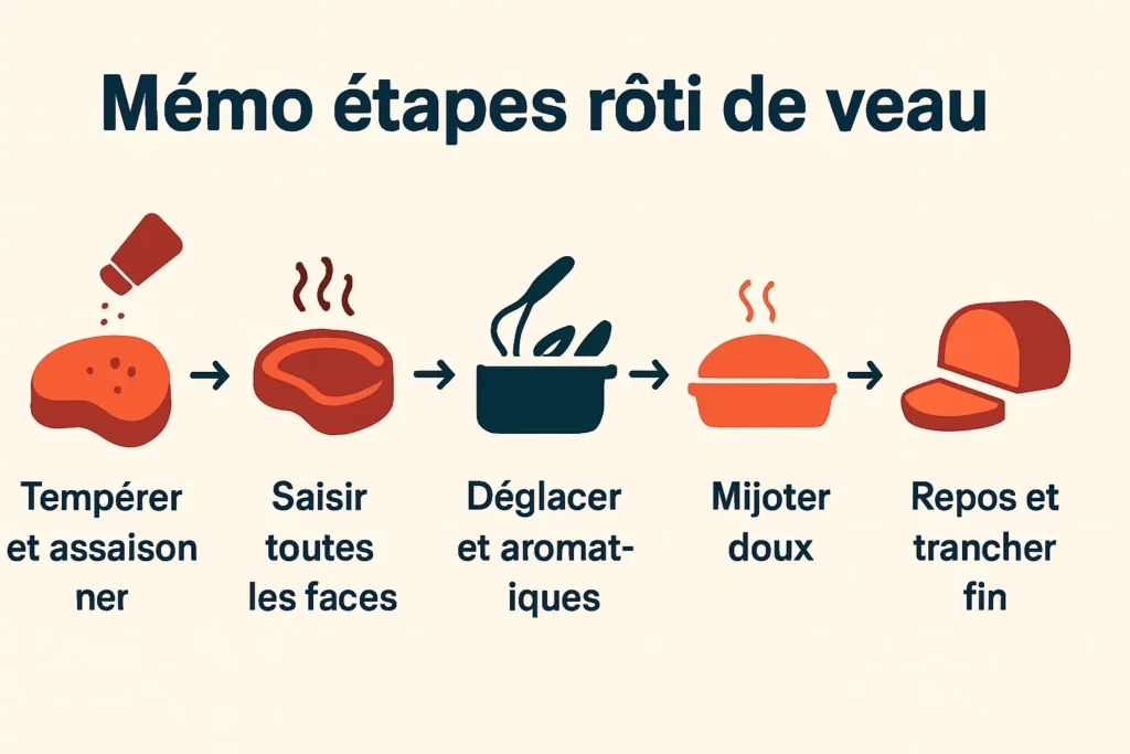 Étapes clés du rôti de veau en cocotte, schéma simple