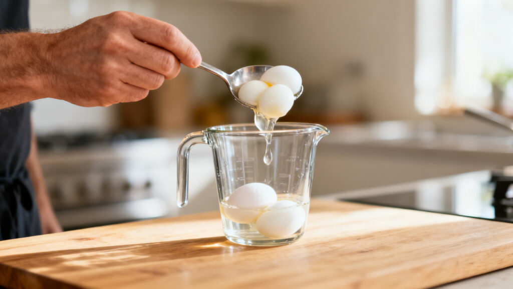 Mesurer des blancs d'œufs en ml avec une cuillère et un verre