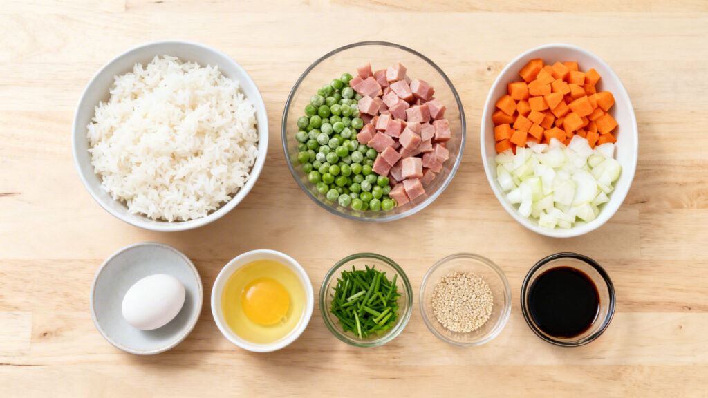 Ingrédients du riz sauté chinois prêts, bols et riz de la veille