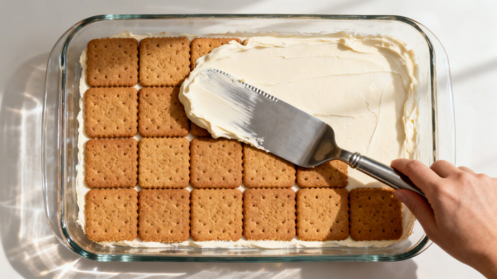 Couches de biscuits alignés et crème lissée, 1 cm d’épaisseur