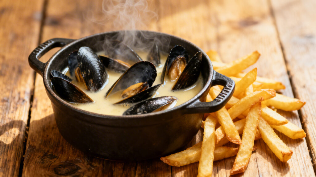 Moules marinières en cocotte avec frites fines dorées