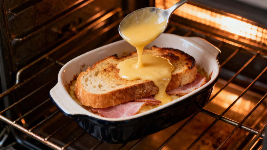 Nappage généreux sur pain grillé et jambon avant gratinage