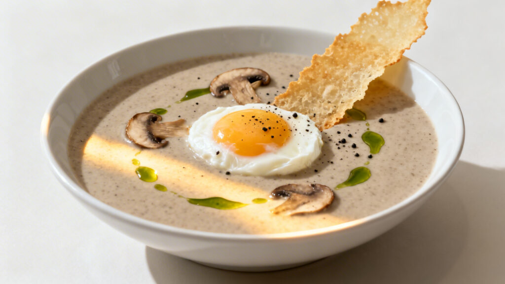Œuf parfait sur crème de champignons, tuile croustillante