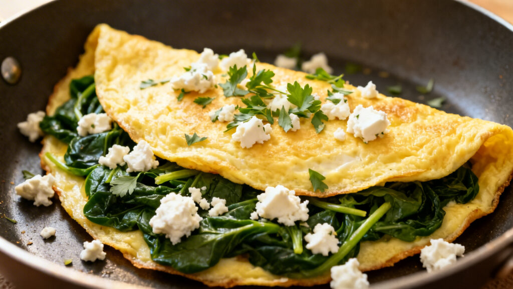 Omelette épinards-feta, petit déjeuner salé protéiné