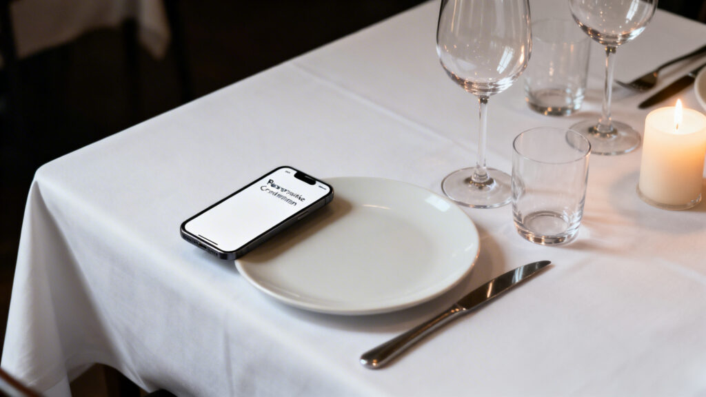 Table fine-dining et confirmation de réservation sur smartphone