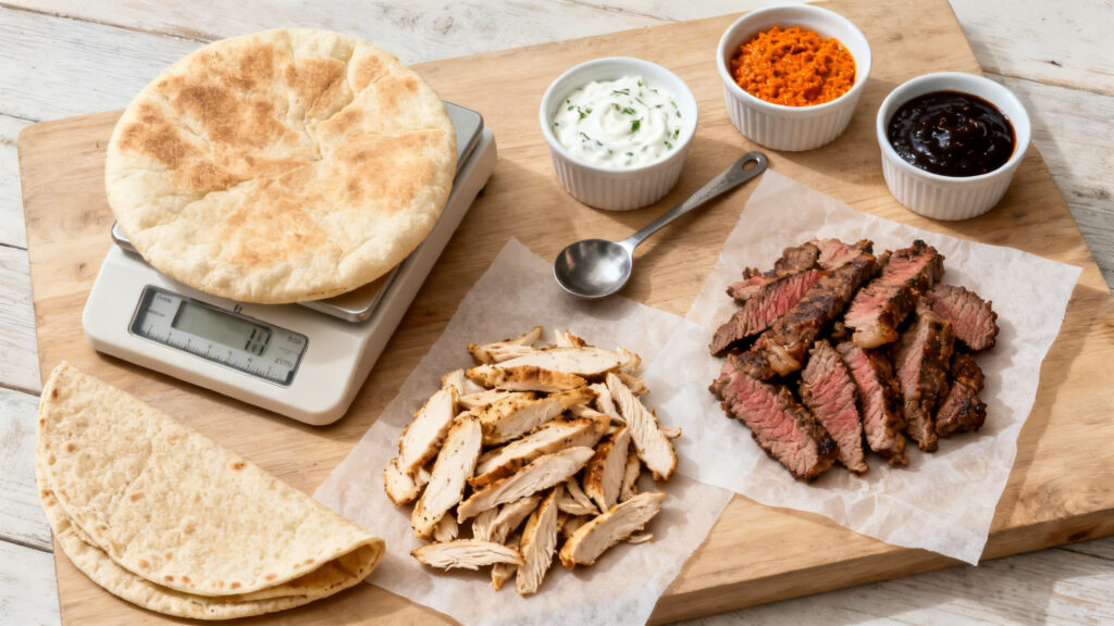 Pain de kebab, viande et sauces, repères par 100 g
