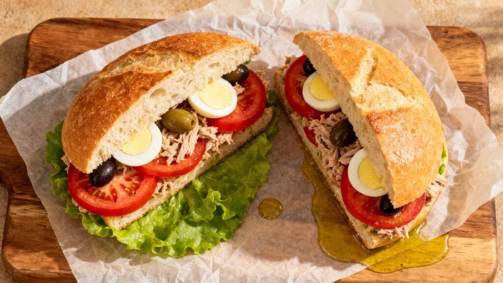 Sandwich méditerranéen thon, œuf, tomates et olives