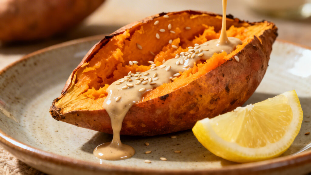 Patate douce entière rôtie, sauce yaourt tahini