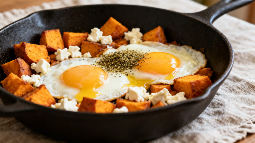 Poêlée de patate douce, feta et œuf au plat