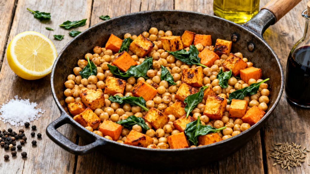 Poêlée patate douce avec pois chiches et épinards