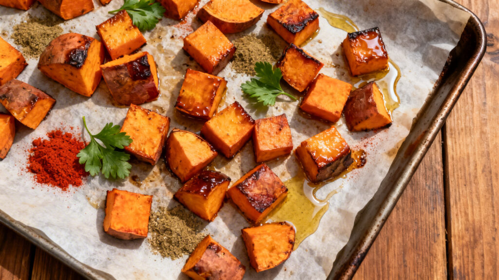 Patate douce rôtie au four, paprika et cumin