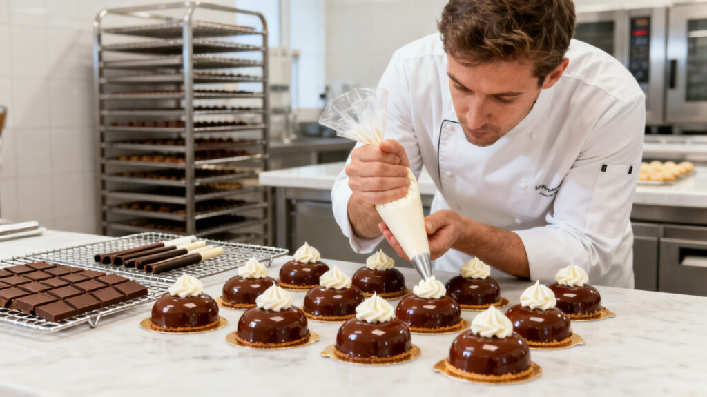 Dressage précis d’entremets par une cheffe pâtissière