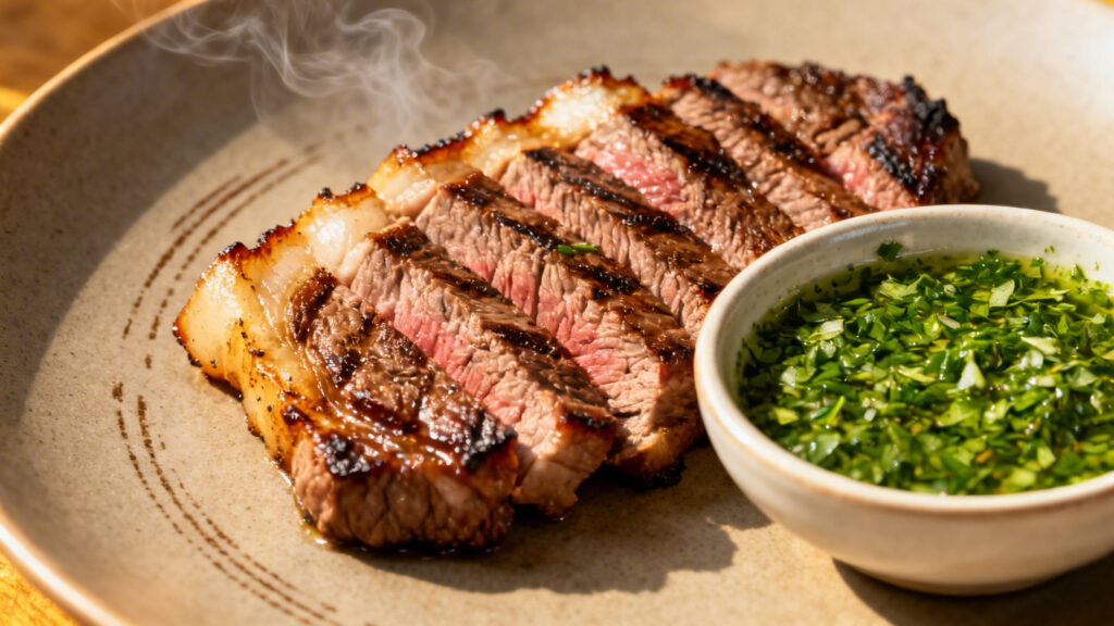 Picanha grillée tranchée avec sauce chimichurri herbacée