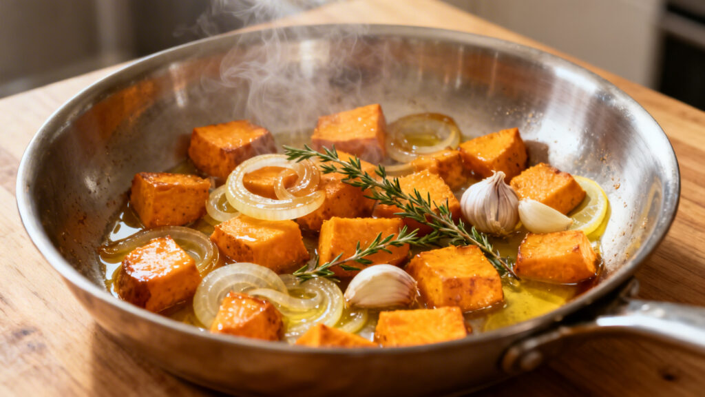 Poêlée de patate douce aux oignons, ail et thym