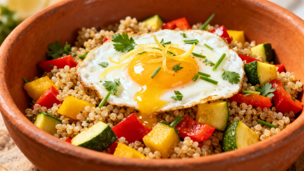 Bowl tiède quinoa légumes avec œuf au plat