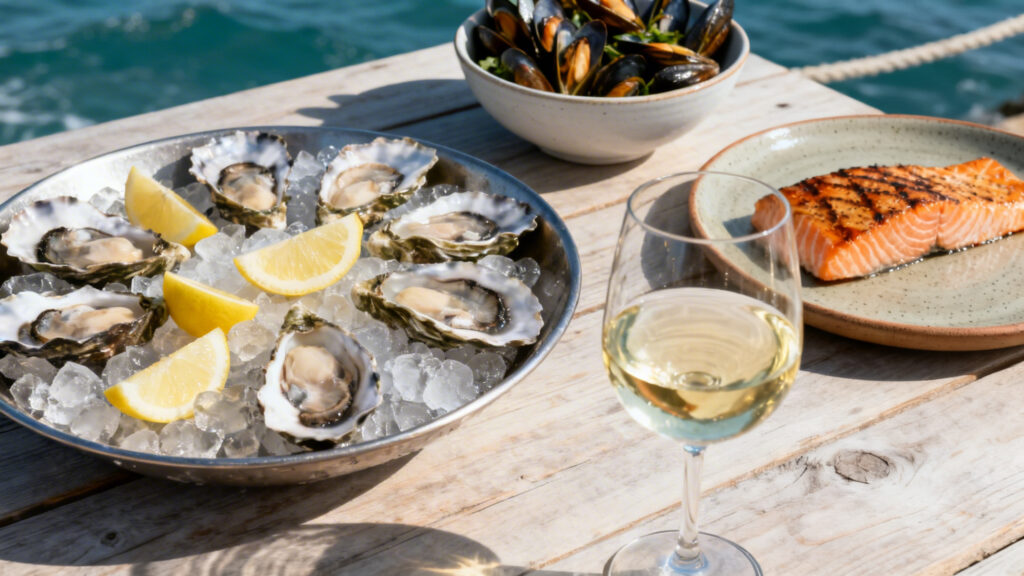 Huîtres, saumon grillé et verre de blanc sec salin