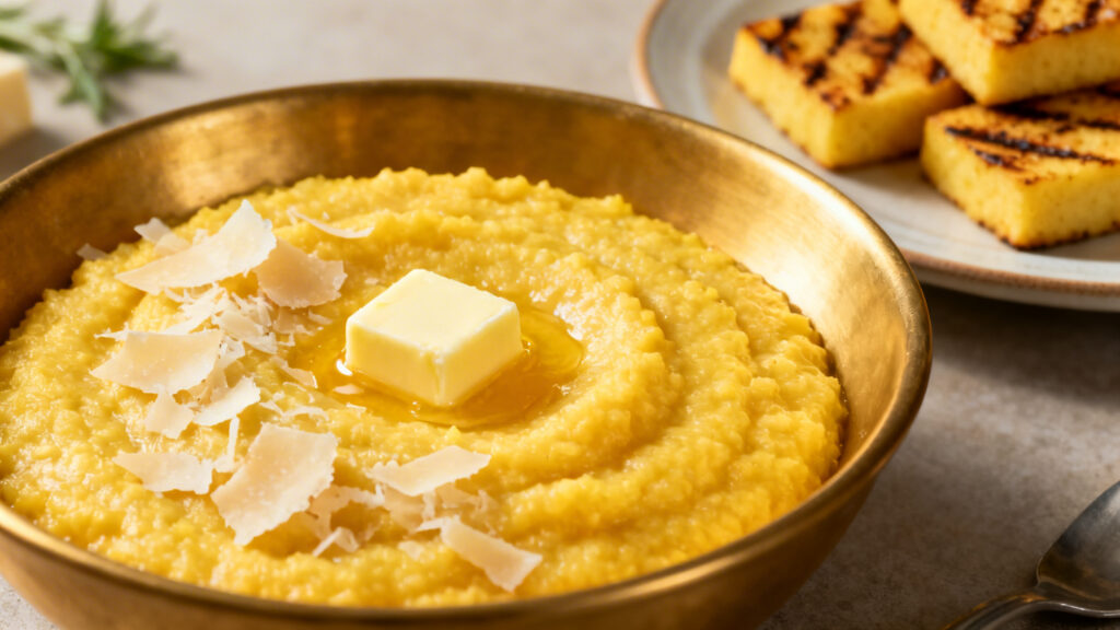 Polenta crémeuse au parmesan et carrés de polenta grillée