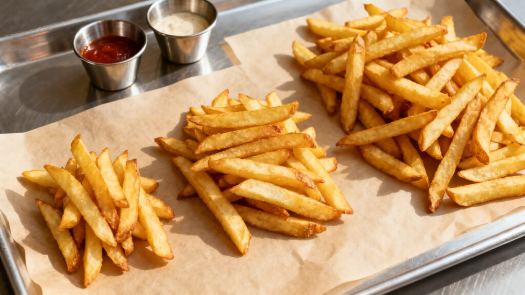 Petites, moyennes et grandes frites, portions en grammes