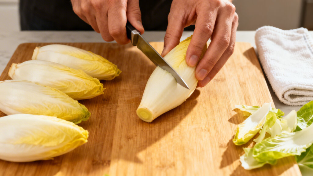 Préparation d’endives fraîches, retrait du cœur pour limiter l’amertume