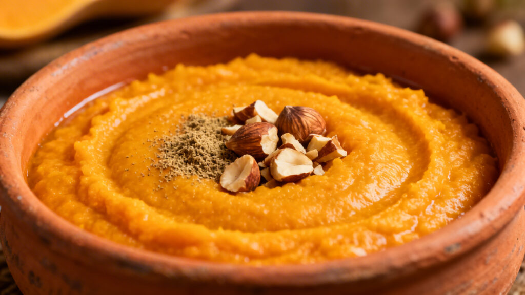 Purée de butternut lisse avec muscade et noisettes torréfiées