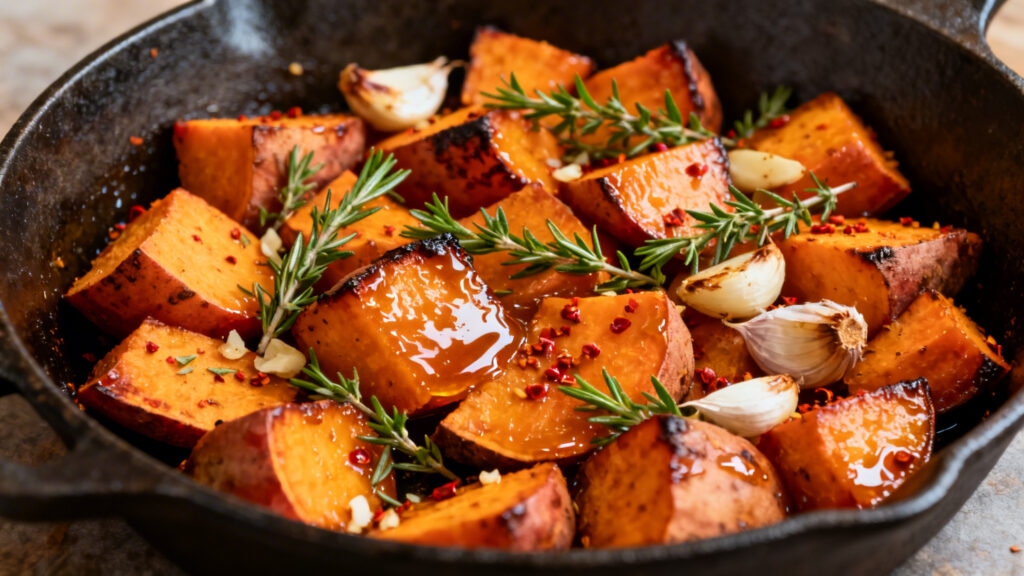 Quartiers de patate douce miel et thym caramélisés