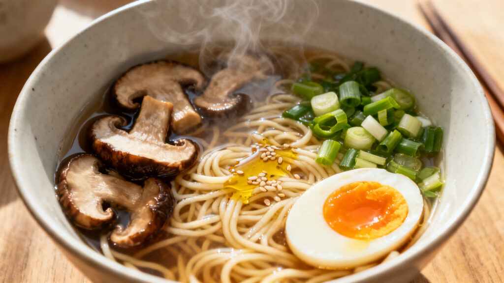Ramen aux shiitakés avec œuf mollet et huile de sésame