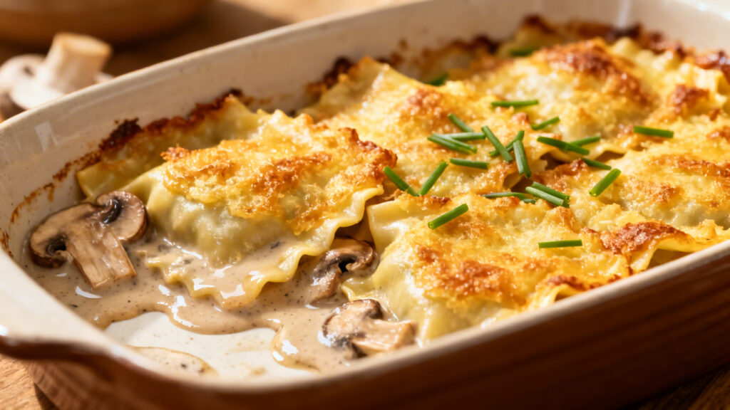 Ravioles du Dauphiné gratinées aux champignons et ciboulette