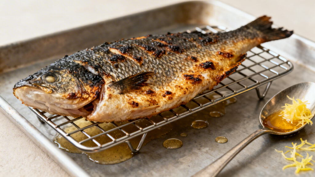 Filet de black bass reposant sur grille, peau dorée et sèche