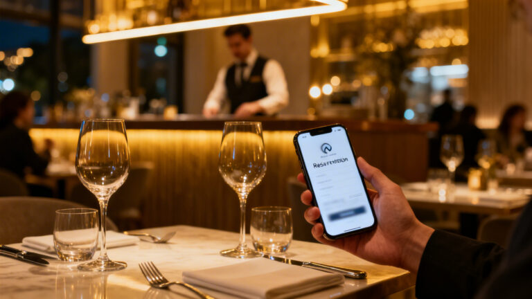 Smartphone confirmant une réservation au restaurant sur table dressée