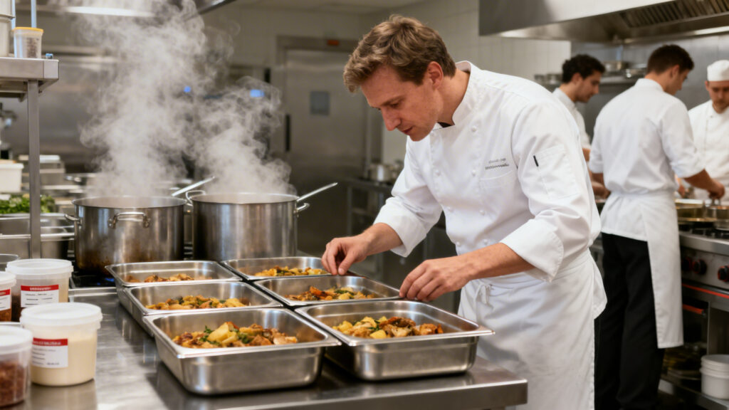 Cuisinier en restauration collective gérant de gros volumes