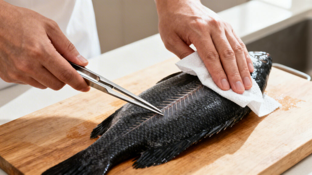 Retrait des arêtes et peau du black bass bien sèche