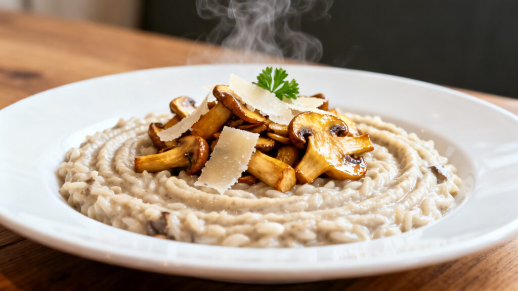 Risotto crémeux champignons et parmesan, dressage soigné