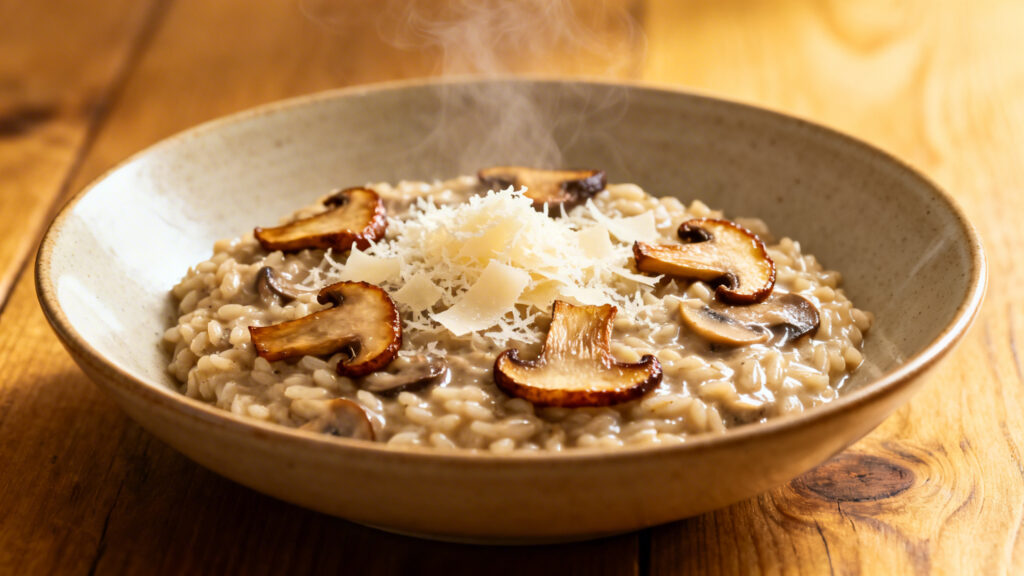 Risotto crémeux aux champignons avec parmesan fraîchement râpé